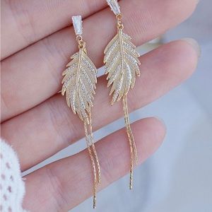 18K gold plated long leaf elegant earrings